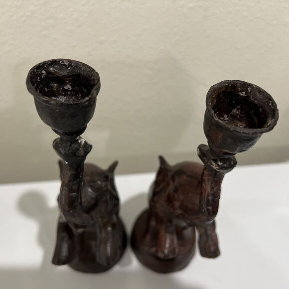 Vintage Cast Metal Elephant PAIR Candle Holder Trunk Up Good Luck Rearing - Picture 4 of 14